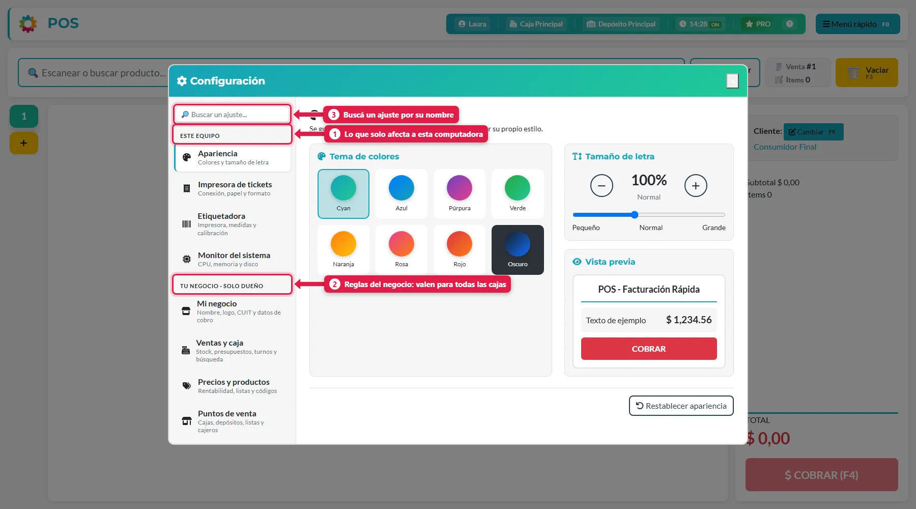 Panel de configuración