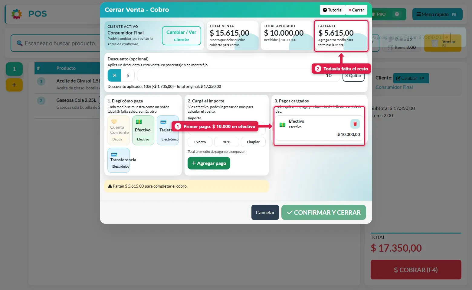 Primer pago en efectivo