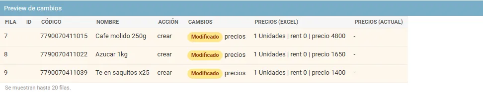 Vista previa de cambios con acción crear, código, nombre y precios