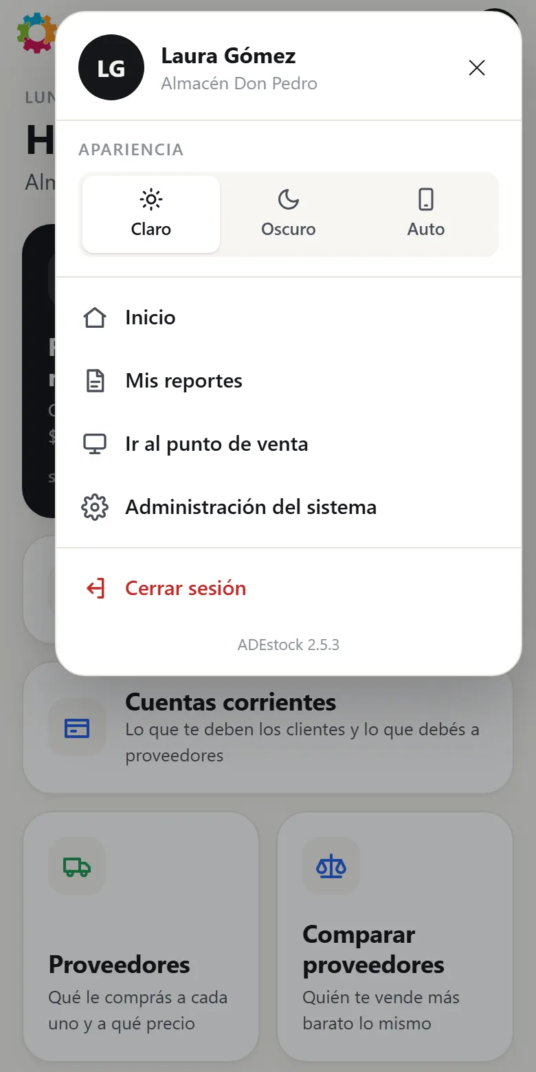 Menú del usuario