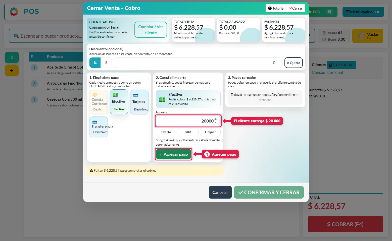 Efectivo con vuelto