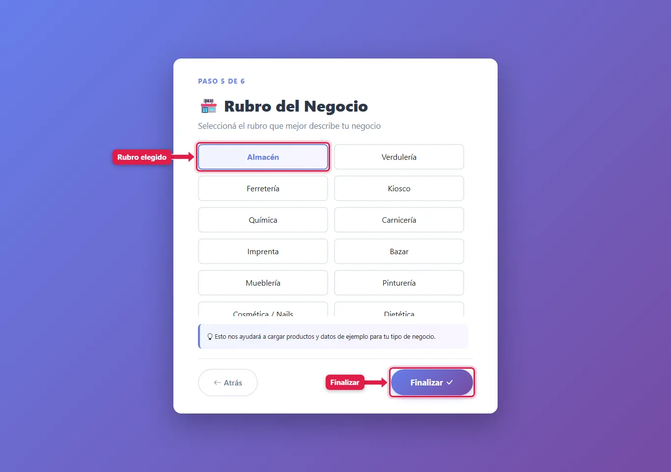 Rubro elegido y Finalizar
