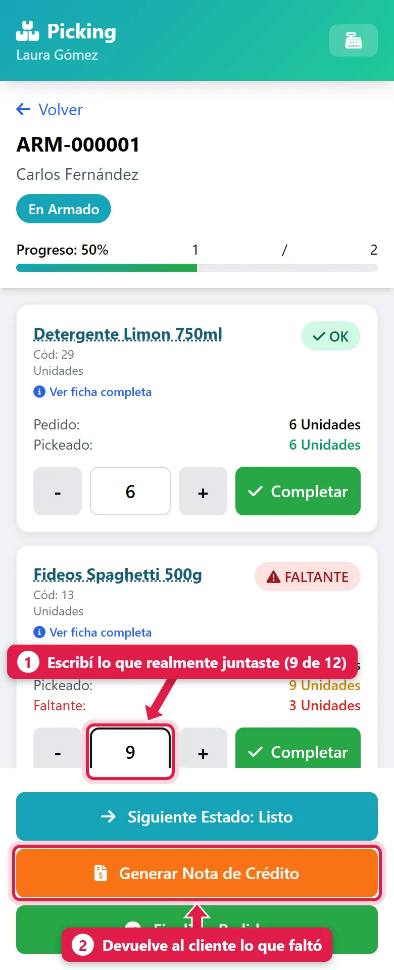 Pedido con un faltante