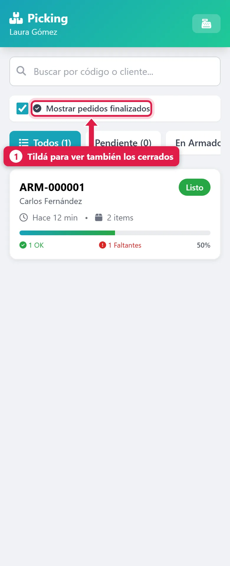 Pedido finalizado, visible con el tilde de finalizados
