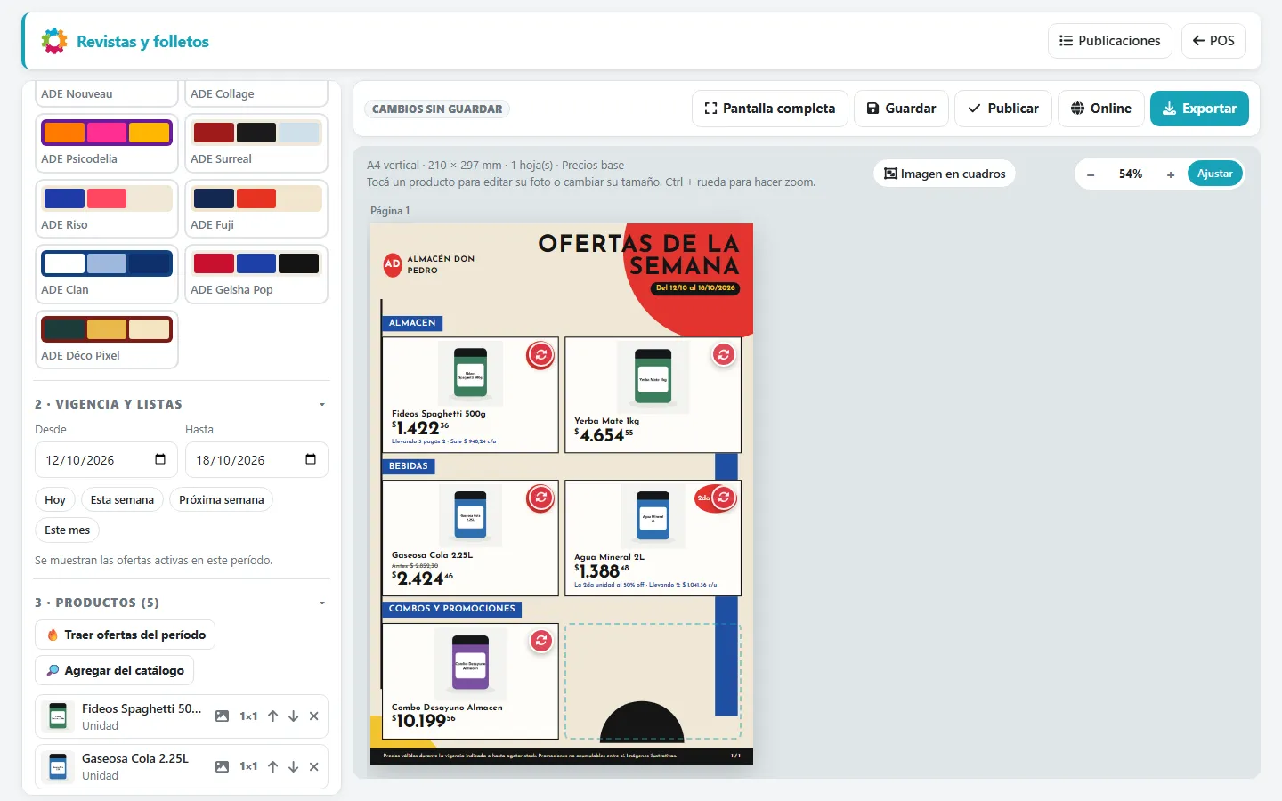 Revista de ofertas armada en ADEstock con productos, precios y logo del negocio